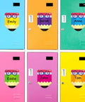 Colorful 36 Pack Pencil Desk Name Plates With Waterproof PET Film on colorful lockers, showcasing names like Emily and Anna.