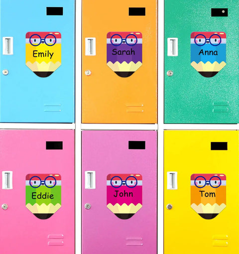 Colorful 36 Pack Pencil Desk Name Plates With Waterproof PET Film on colorful lockers, showcasing names like Emily and Anna.