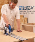 Person using 20V Ionic Drive 7.25 Inch Circular Saw Bare Tool With Powerful Brushless Motor Built-In Safety Features LED Cutline Light Integrated Dust Port Ideal For 2x4s Plywood And DIY Woodworking Projects Battery Or Charger Not Included on KREG Accu-Cut guide