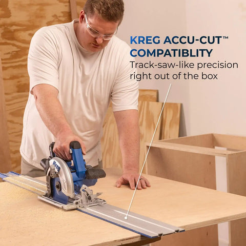 Person using 20V Ionic Drive 7.25 Inch Circular Saw Bare Tool With Powerful Brushless Motor Built-In Safety Features LED Cutline Light Integrated Dust Port Ideal For 2x4s Plywood And DIY Woodworking Projects Battery Or Charger Not Included on KREG Accu-Cut guide