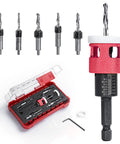 Front view: Amazon 5-piece countersink drill bit set with low-friction depth stop, HSS M2 bits, red hex-shank in storage case.