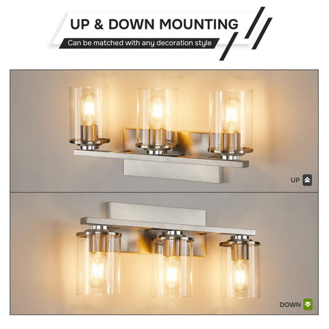 Three Light Brushed Nickel Bathroom Vanity Light Fixture With Clear Glass Shade Over Mirror, shown with up and down mounting options.