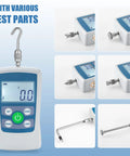 Digital Push Pull Force Gauge 500N With Real Time Peak And First Peak Modes Reads In N Lb Kg Oz With 0.1N Resolution Auto Shutoff 2 AAA Batteries Included Max Load 50Kg 110Lb 1800Oz Four Units Display For Precise Tension And Pull Tests, with various test parts