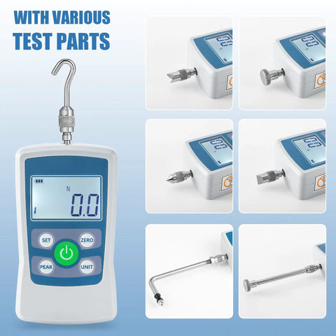 Digital Push Pull Force Gauge 500N With Real Time Peak And First Peak Modes Reads In N Lb Kg Oz With 0.1N Resolution Auto Shutoff 2 AAA Batteries Included Max Load 50Kg 110Lb 1800Oz Four Units Display For Precise Tension And Pull Tests, with various test parts