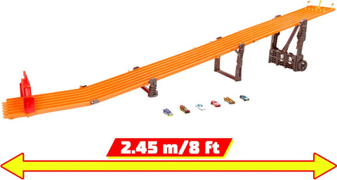 Six Car Super 6 Lane Raceway With 8 Foot Roll Up Track, Realistic Lights And Sounds, Includes Six 1 64 Scale Vehicles, Quick Setup