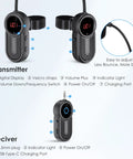 Diagram of UHF Wireless Flute Microphone System with Receiver and Transmitter, showing digital screen and USB-C charging ports.