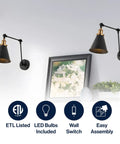 Industrial Style LED Wall Sconce With Adjustable Swing Arm Black And Brass Gold Metal Shade Bedside Reading Light
