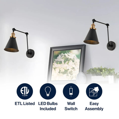 Industrial Style LED Wall Sconce With Adjustable Swing Arm Black And Brass Gold Metal Shade Bedside Reading Light