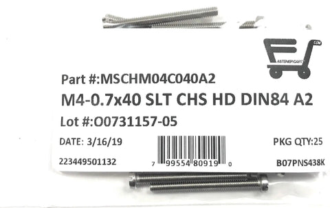 Premium A2 Stainless Steel M4 X 40 Metric Slotted Cheese Head Machine Screws package with label and screws visible