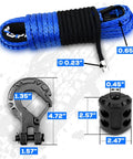 Synthetic Winch Rope Kit One Quarter Inch By Fifty Feet With Ten Thousand Pound Break Strength Blue Protective Sleeve Forged Hook Rubber Stopper And Safety Pull Strap Built Tough For ATV UTV Off Road Recovery, with hook and stopper dimensions shown