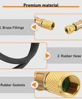 Beefy Heavy Duty Vacuum Hose Three Eighths Inch Six Foot For HVAC Quick Evacuation Black High Pressure 800 PSI Working Pressure 4000 PSI Burst Strength Durable And Flexible, showing brass fittings and rubber hose with gaskets.