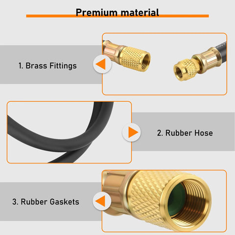Beefy Heavy Duty Vacuum Hose Three Eighths Inch Six Foot For HVAC Quick Evacuation Black High Pressure 800 PSI Working Pressure 4000 PSI Burst Strength Durable And Flexible, showing brass fittings and rubber hose with gaskets.