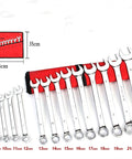 14 Piece Ratchet Wrench And Spanner Set With Fixed Head Handles For Tight Spaces Durable Anti Rust Finish Hand Tools Kit For Home, Garage, And Workshop displayed with sizes