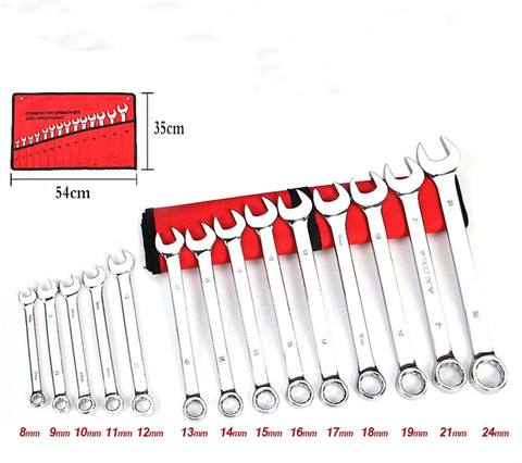 14 Piece Ratchet Wrench And Spanner Set With Fixed Head Handles For Tight Spaces Durable Anti Rust Finish Hand Tools Kit For Home, Garage, And Workshop displayed with sizes