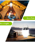 2 In 1 Camping Fan And LED Lantern For Outdoors in tent and on table as portable hanging ceiling fan and light