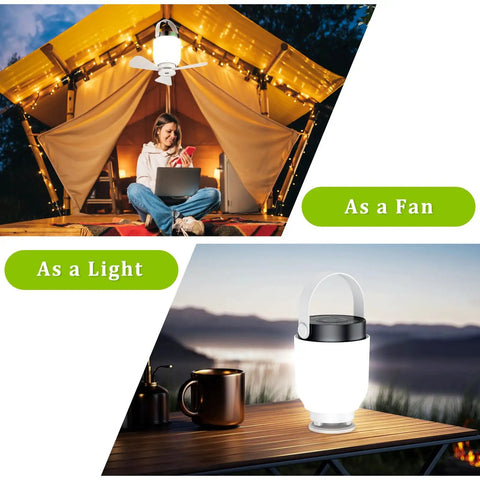 2 In 1 Camping Fan And LED Lantern For Outdoors in tent and on table as portable hanging ceiling fan and light