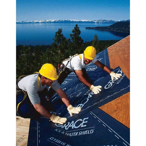 Workers applying Rock Solid Self Adhering Ice And Water Shield Roof Underlayment 36 Inch By 66.6 Feet 200 Square Foot Roll.