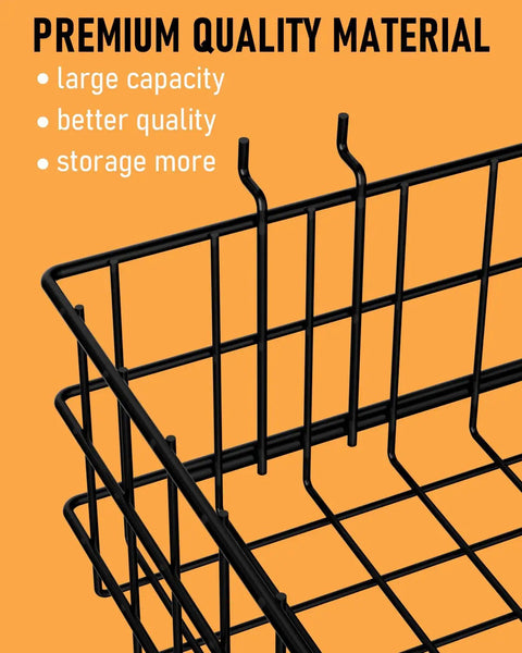 Four Pack Pegboard Baskets Set With Four Sizes S M L XL Black Metal Wire Bins For Pegboard Storage And Garage Organization Hooks