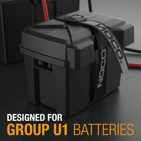 Kickin Dust Snap Top Battery Box For Group U1 12V designed for lawn gear with secure strap and durable design.