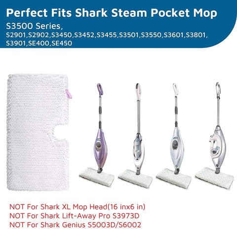 Replacement Mop Pads For Shark Steam Pocket Mop S3500 Series Two Pack With Hook And Loop Closure, shown with compatible models
