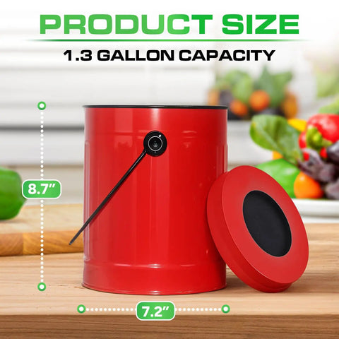 Red metal 1.3 gallon pail with lid for countertop use, shown on kitchen counter with vegetables in background.