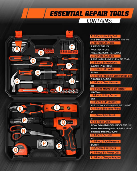 139 Piece Tool Set With 8V Cordless Drill Driver In Sturdy Toolbox Case organized for DIY projects and quick home fixes