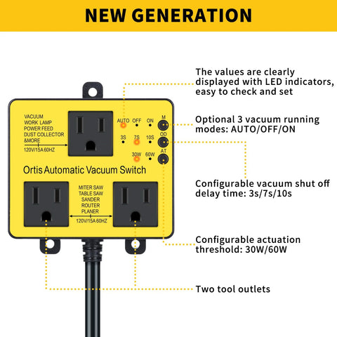 Ortis Automatic Vacuum Switch with two tool outlets, yellow housing, LED indicators and adjustable actuation threshold