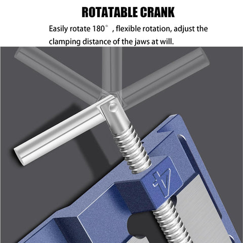 Blue metal table vise with silver threaded lead screw and rotating crank; close-up view