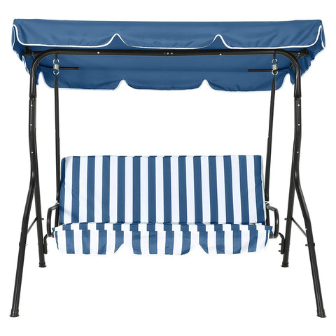 Front view of three seat outdoor porch swing with adjustable canopy for adults, plush cushions, sturdy steel frame, blue stripes.