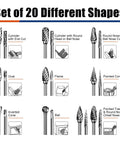 Set of 20 carbide burr bits in multiple shapes for rotary tools (cylinder end-cut, ball nose, oval, flame, cone)
