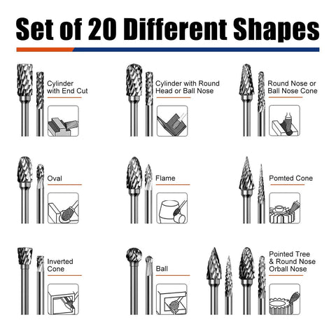 Set of 20 carbide burr bits in multiple shapes for rotary tools (cylinder end-cut, ball nose, oval, flame, cone)