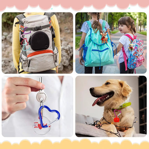 Heart Shaped Carabiner Clips 30 Pack Alloy Aluminum Keychain Attachments featuring backpacks, keychains, and a dog collar with heart clips.