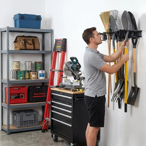Man organizing tools on a heavy duty 48 inch garage tool organizer wall mount rack holds up to 350 lbs for shovels, rakes and power tools