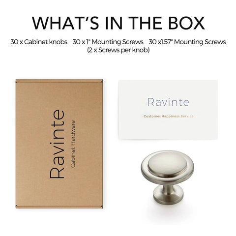 Box contents showing 30 Pack Brushed Nickel Cabinet Pulls One And A Quarter Inch Kitchen Drawer Pulls And Door Handles For Dresser Modern Hardware Set For Cabinets Easy Install Durable Zinc Alloy Upgrade Your Cabinets, with screws and support card.
