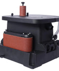 Heavy Duty Two In One Oscillating Spindle And Belt Sander With Tilting Table For Quick Woodwork Finishes Powered By A Rock Solid Five Hundred Watt Motor Designed For Zero Sweat Operation, showing the sanding belt and spindle.