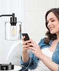 Industrial Table Lamp With USB A And C Ports And Outlet Fully Stepless Dimmable Modern Nightstand Lamp With Dope Glass Shade
