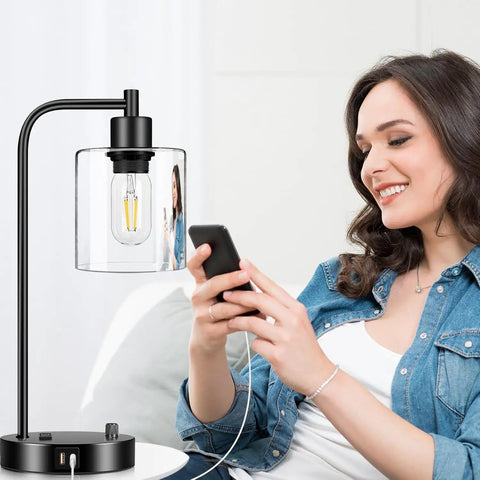 Industrial Table Lamp With USB A And C Ports And Outlet Fully Stepless Dimmable Modern Nightstand Lamp With Dope Glass Shade
