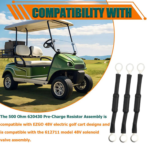 Top Shelf 3 Pack 500 Ohm Pre Charge Resistor Assembly For Ezgo 48V Golf Carts with green cart and black wiring.
