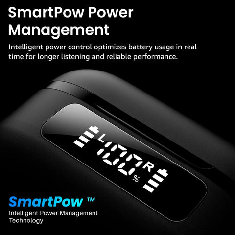 Hybrid Active Noise Cancelling Wireless Earbuds With Six Microphones ENC, featuring LED display for power management.
