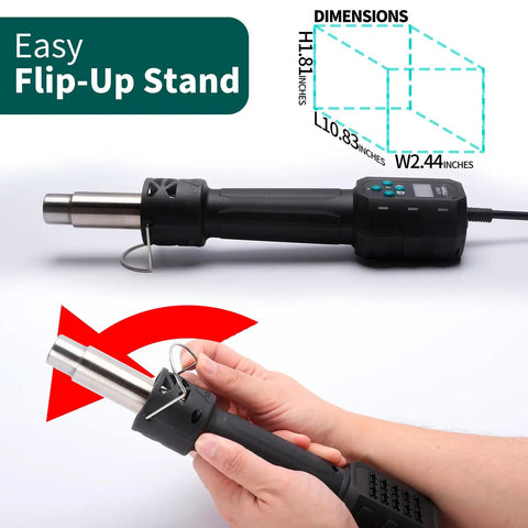 Multi Purpose Heat Gun For Crafts And DIY Projects With Adjustable 212F To 932F Air Temperature, Flip-Up Stand, and Dimensions
