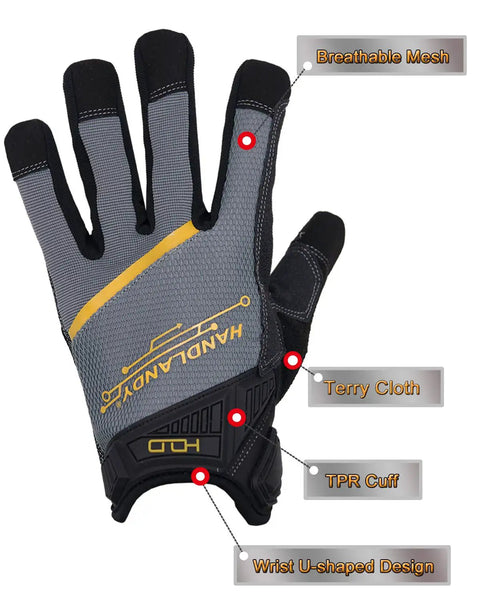 Mens Work Gloves Touch Screen Utility Mechanic Gloves With Padded Knuckles And Palm, cut resistant, anti slip, breathable mesh back