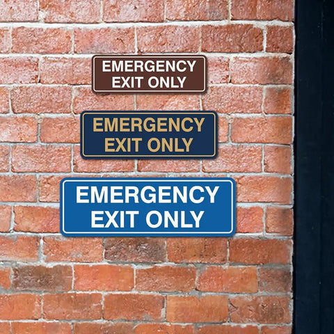 Emergency Exit Only Sign For Walls Or Doors Large Brushed Silver Durable Plastic Construction No Fuss Install With Mounting Tape Included Not Pre Attached Clear Readable Text For Quick Safety on brick wall