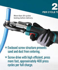 Solid Compact Pex Press Tool Kit For Half Inch Three Quarter Inch One Inch Pex Pipe And Stainless Steel Sleeves showing jaws pressing blue PEX tubing.