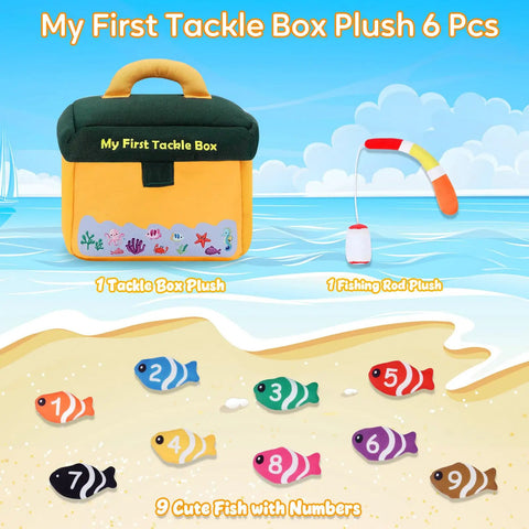 My First Tackle Box Plush Set For Toddlers With 10 Piece Sensory Plushies Including Nine Fish Plush And A Fishing Rod Plush A Cute Baby Toy Gift For Boys And Girls On Their First Birthday displayed on a beach background