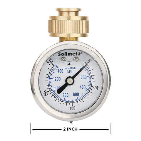 Glycerine Filled 2 Inch Stainless Steel Water Pressure Test Gauge With Big Dial Readout 0 to 200 PSI and KPa Three Quarter Inch Female Hose Thread Leak Proof Outdoor Hose Bibb