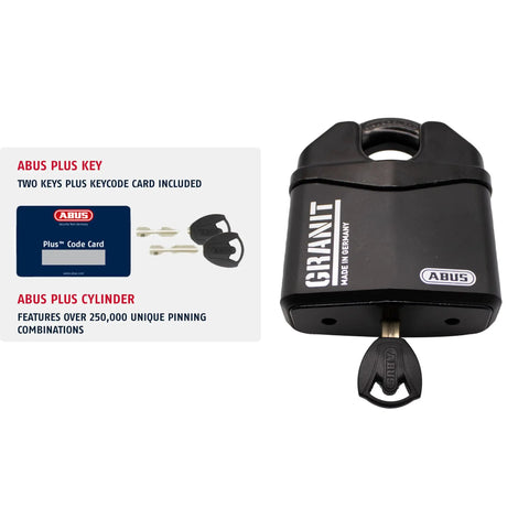 Granit 37/80 Beefy Heavy Duty Padlock With Hidden Closed Shackle 14mm Shackle 2 Keys for Storage Outdoor and Containers next to packaging
