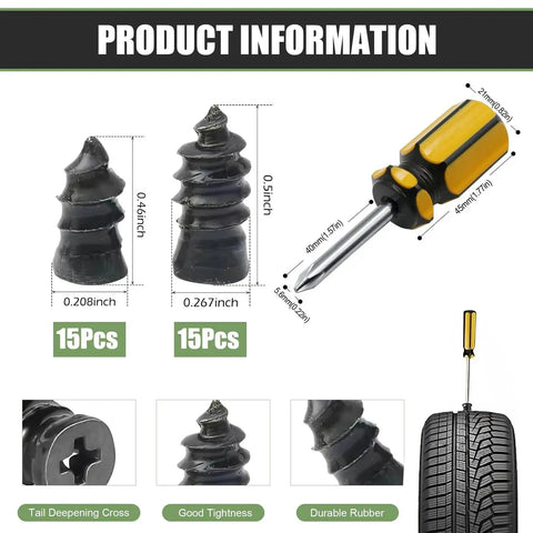 DIY Tire Repair Kit With Rubber Nails And Screw In Plugs For Tubeless Tires, Two Size Set with screwdriver shown in product image