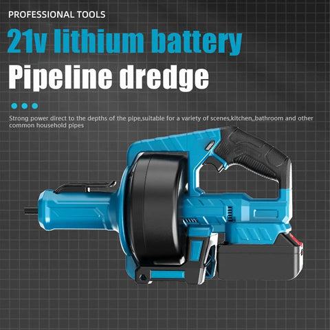 Heavy Duty Cordless Drain Snake Auger With LED Light For Sinks Bathtubs Toilets Auto Feed System featuring 21V battery.