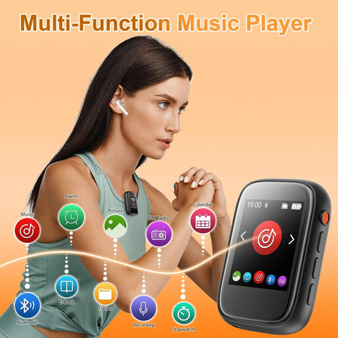 Woman using Bluetooth 5.3 Mp3 Player With Touch Screen Clip On Back Portable Kids Music Player Built In Voice Recorder FM Radio