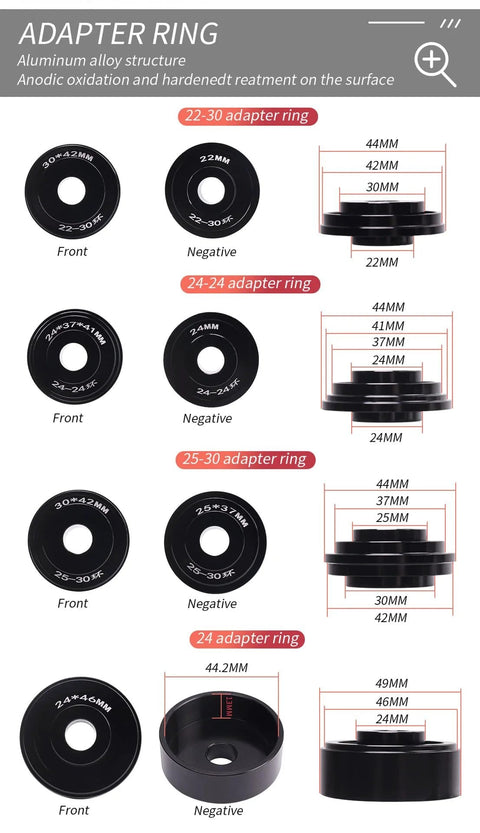 Bicycle bearing press kit with black aluminum adapter rings showing 22–30mm, 24–24mm, and 25–30mm sizes for bottom bracket installation
